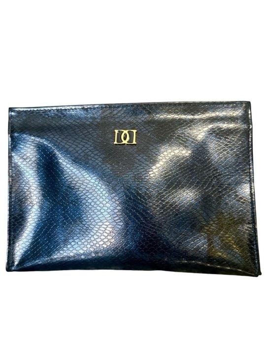 Vintage Handbags - Vintage Faux Leather Makeup Bag Navy Blue Cosmetic Case Animal Print Gold 1980s
